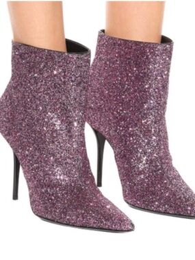Saint Laurent Glitter Pointed-Toe Ankle Boots - Purple